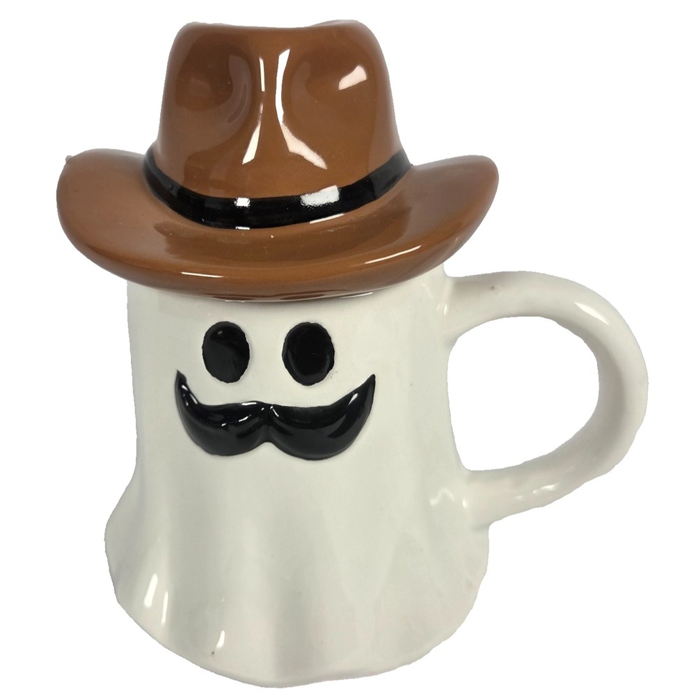 Cowboy Ghost Mug Brown Hat Lid Mustache Booville Western Halloween Ceramic Cup